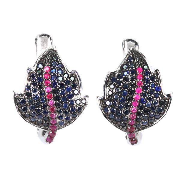 ROUND SAPPHIRE AND DIAMOND CUT RUBY LEAVE-SHAPED EARRINGS IN 2-TONE BLACK RHODIUM AND 14K WHITE GOLD