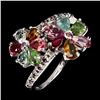 Image 2 : COLORFUL TOURMALINE AND RHODOLITE GARNET FLOWER-SHAPED RING IN 14K WHITE GOLD OVER 925 STERLING SILV