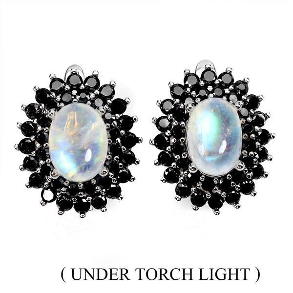 7X5 MM MOONSTONE AND BLACK SPINEL EARRINGS IN 14K WHITE GOLD OVER 925 STERLING SILVER - APPRAISED RE