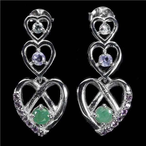 EMERALD, AMETHYST AND TANZANITE EARRINGS IN 14K WHITE GOLD OVER 925 STERLING SILVER - APPRAISED REPL