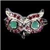 Image 1 : OWL-SHAPED RING WITH EMERALD AND RHODOLITE GARNET RING IN 14K WHITE GOLD OVER 925 STERLING SILVER â[