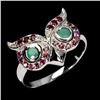Image 2 : OWL-SHAPED RING WITH EMERALD AND RHODOLITE GARNET RING IN 14K WHITE GOLD OVER 925 STERLING SILVER â[