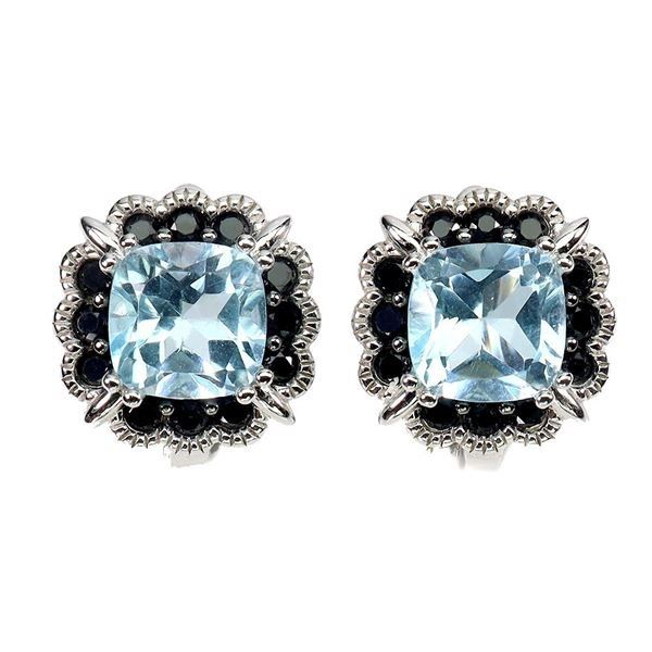 7MM CUSHION CUT SKY BLUE TOPAZ AND BLACK SPINEL EARRINGS IN 14K WHITE GOLD OVER 925 STERLING SILVER