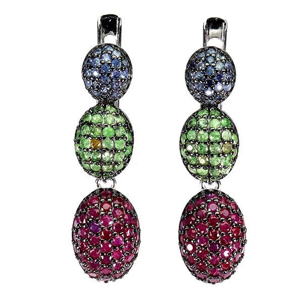 EXQUISITE TSAVORITE GARNET, RUBY AND SAPPHIRE EARRINGS IN 2-TONE BLACK-RHODIUM AND 14K WHITE GOLD OV