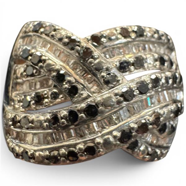 BLACK AND WHITE DIAMOND CROSSOVER RING SET IN .925 STERLING SILVER - SIZE 7 - BAND IS 14 MM WIDE