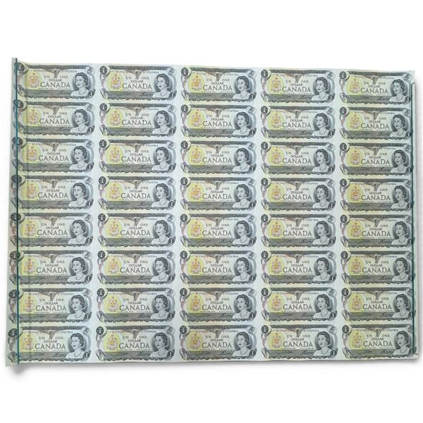 Mint Uncut Sheet of 40 Canadian 1973 $1 Bank Notes - BFD Prefixes