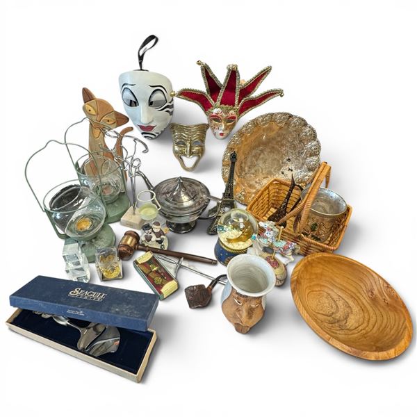 Large Lot of Decorative Household Goods - Candle lanterns, wall mask, chromed teapot, Christmas vase
