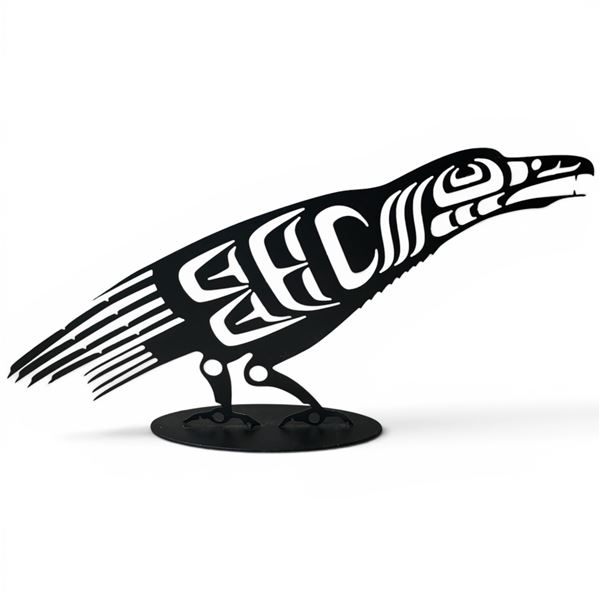 Laser Cut Metal Raven Sculpture with First Nations Design - 23" long x 11" tall