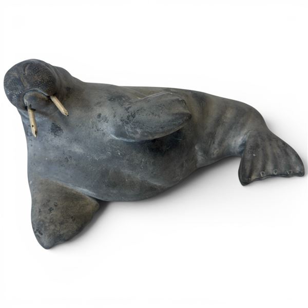 Inuit Style Walrus Sculpture with Metal Tusks - 6" x 9" x 5" tall