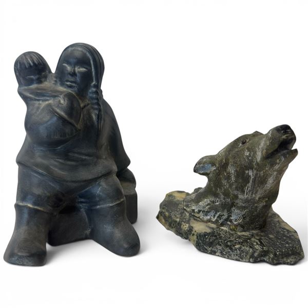 Carved Soapstone Wolf Head Statuette & Ceramic Inuit Style Statuette (Wolf is 4" x 5" x 4.5" tall)