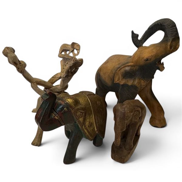 3 Carved Elephant Statues and  African Bowl Stand -  Largest elephant is 6"  10" x 13" tall