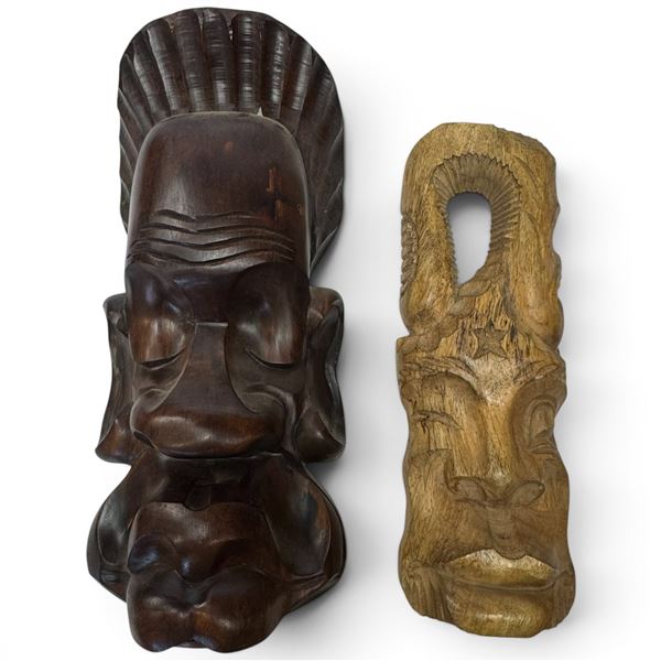2 Beautifully Carved Wood Wall Masks -  Largest is 3" deep x 6" wide x 14" tall
