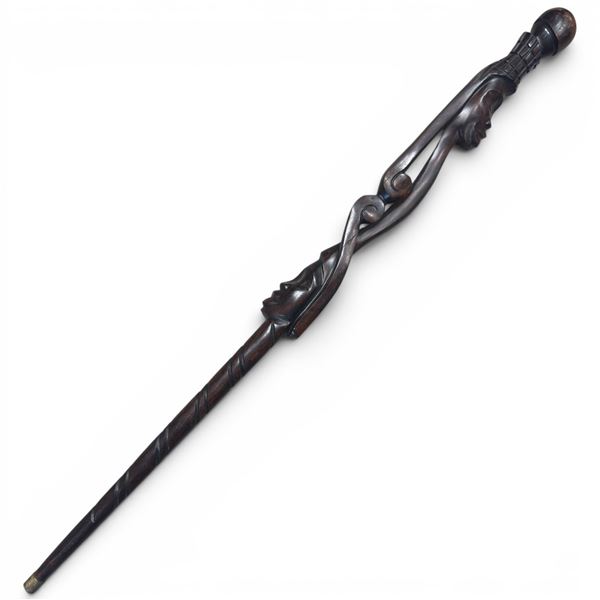 Hand Carved African Mahogany Wood Cane with Brass Ferrule - 35" tall