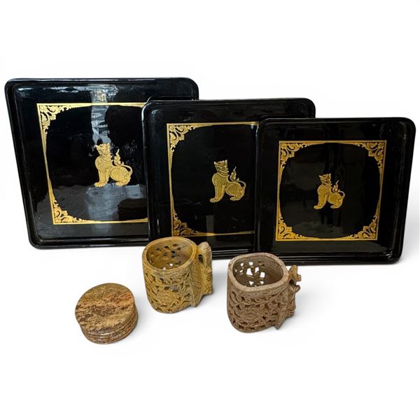 3 Black Lacquered Trays with Lion Motif, Stone Coasters and 2 Marble Cup Holders (Largest Tray is 12