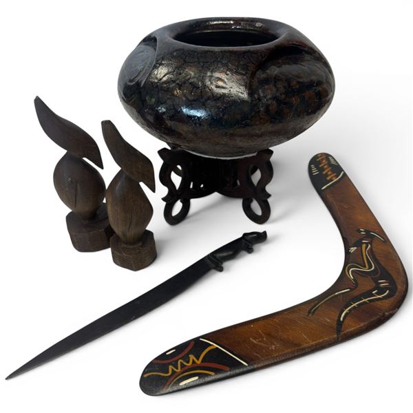 Group of Australian Collectibles - Boomerang, Pottery Bowl on Stand, Letter Opener and 2 Carved Bird