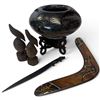 Image 1 : Group of Australian Collectibles - Boomerang, Pottery Bowl on Stand, Letter Opener and 2 Carved Bird