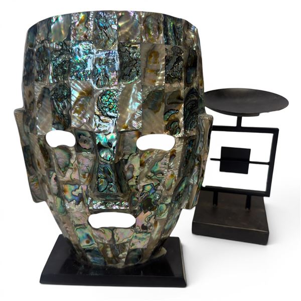 Hand Crafted Mexican Alabone Mosaic Mask and 1 Metal Candle holder (Mask design is inspired by Aztec