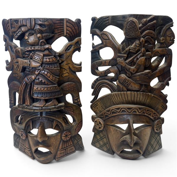2 Vintage Mexican Mayan-style 3D Carved Wooden Masks - 5" deep x 9" wide x 16" tall