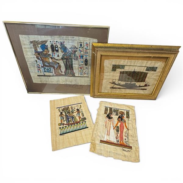 4 Vintage Egyptian Papyrus Paintings - 2 are framed - Average size is 9" x 13"