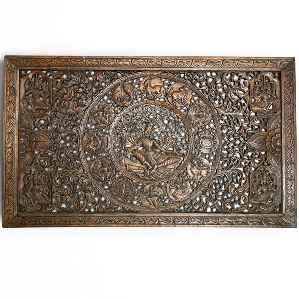 Hand Carved Wood Thai Wall Panel with Zodiac Motif with Central Deity Figure - Hand Carved - 60" x 3
