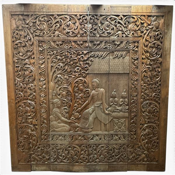 Stunning Carved Teak 8 Panel "Temple Scene" Wall Installation - Hand Carved - 93" wide x 96" tall - 