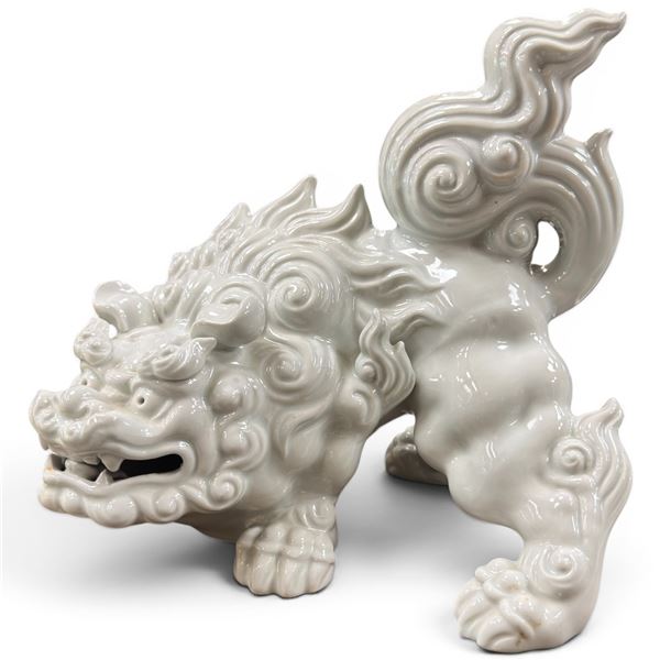 White Porcelain Foo Dog Statue - 7" x 11" x 10" tall