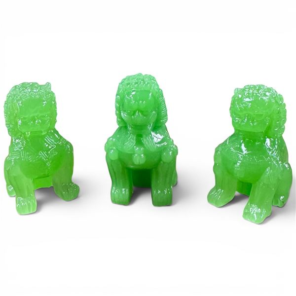 3 Chinese Green Glass Foo Dog Figurines - 3.5" tall - tiny chips