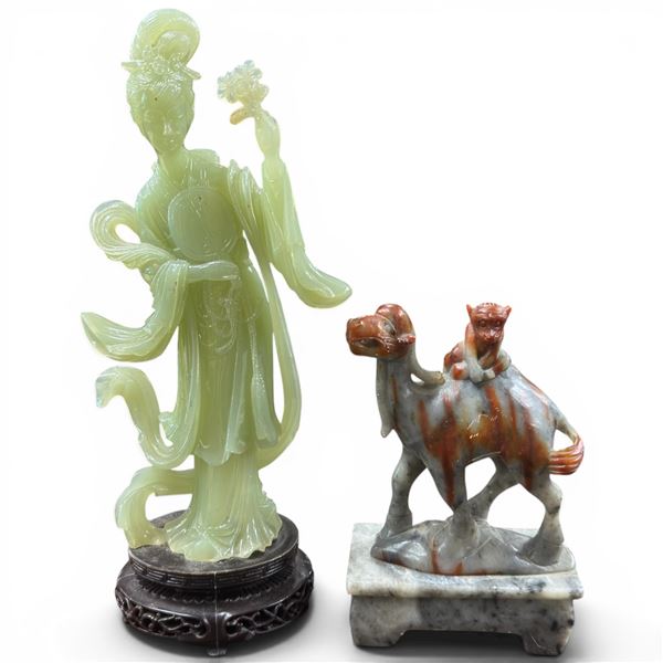 Stone Camel with a Monkey on His Back & Resin Deity Figure (Camel statue is 6" tall on a 4" x 2" bas