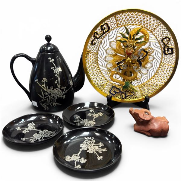 Gold Filigree Metal with Cloisonne Dragon Plate, Mini Teapot with Saucers & 2" Water Buffalo Figurin