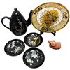Image 2 : Gold Filigree Metal with Cloisonne Dragon Plate, Mini Teapot with Saucers & 2" Water Buffalo Figurin