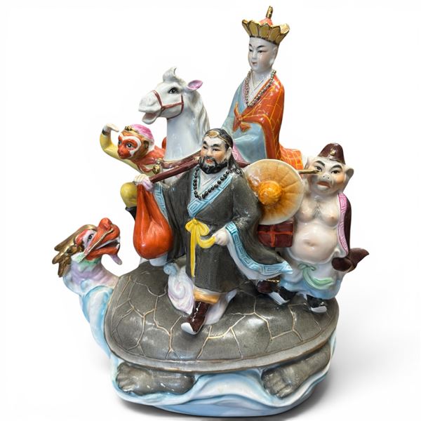 Chinese Porcelain Sculpture "Journey to the West " Characters Crossing a River on a Turtle - 9" x 12