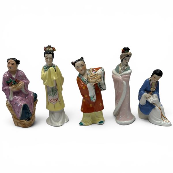 Group of 5 Porcelain Figurines in Traditional Asian Costumes - Tallest is 8"