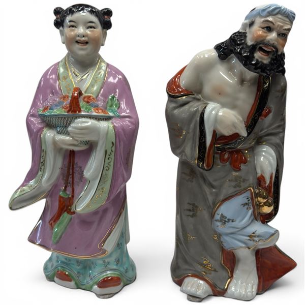 2 Chinese Porcelain Ba Xien Immortals Statues - 14" tall x 3" x 6"