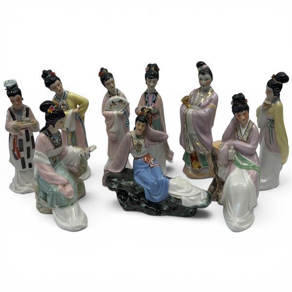 Group of 8 Chinese Porcelain Ladies in Traditional Clothing - Tallest is 2" x 3" x 8" tall