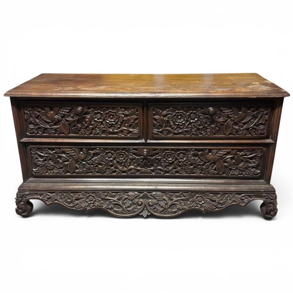 Antique Indonesian Madurese Javanese Hand Carved Wood Chest of Drawers - 16" x 40" wide x 21" tall