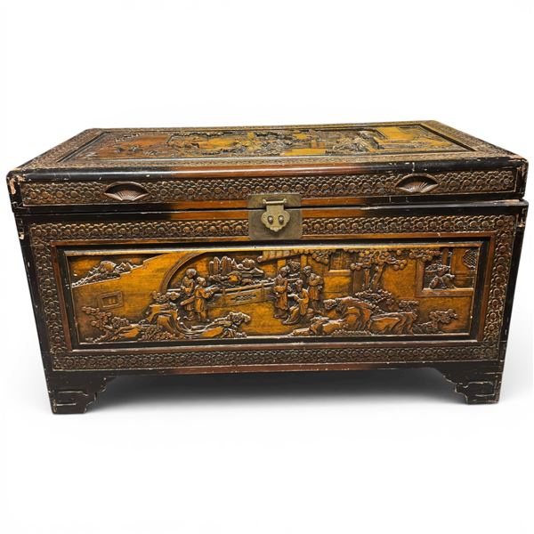 Antique Chinese Wood Trunk with Brass Fittings - 21" x 40" x 22" tall - Hinges need repair