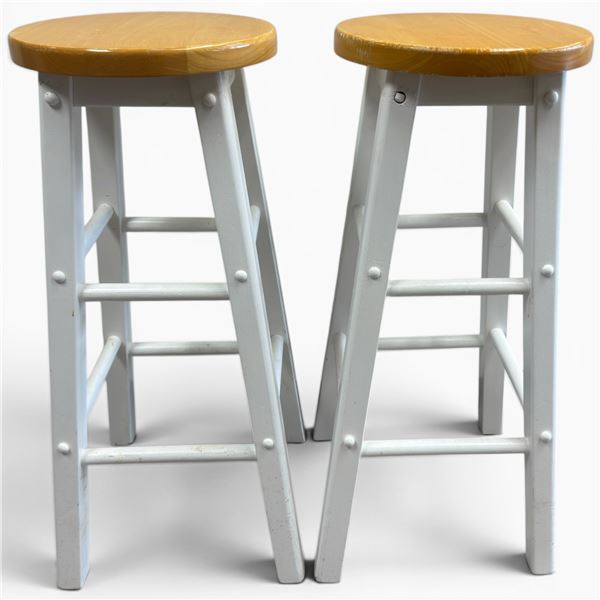 Pair of Pine Wood Stools with White Painted Frames - 29" tall