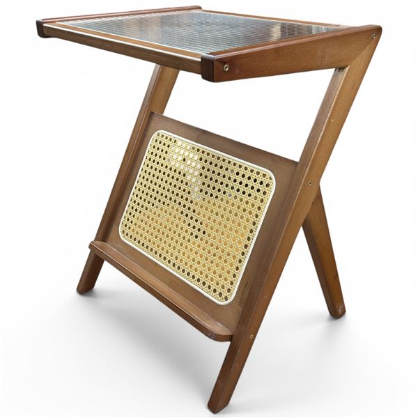 Walnut Boho End Table with Tempered Glass Top & Rattan Magazine Ledge - 14" x 18" x 22" tall