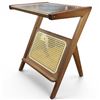 Image 1 : Walnut Boho End Table with Tempered Glass Top & Rattan Magazine Ledge - 14" x 18" x 22" tall