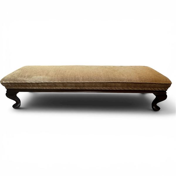 Vintage Wood Long Fireside Footstool Reupholstered in Gold Microfibre Fabric - 14" x 47" x 11" tall