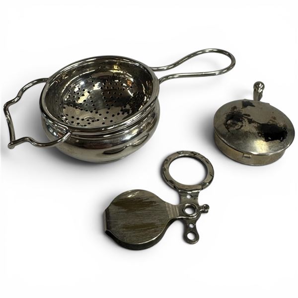 Silver Plated Tea Bag Strainer, 2 Magnifying Glasses and Small Pill Pot