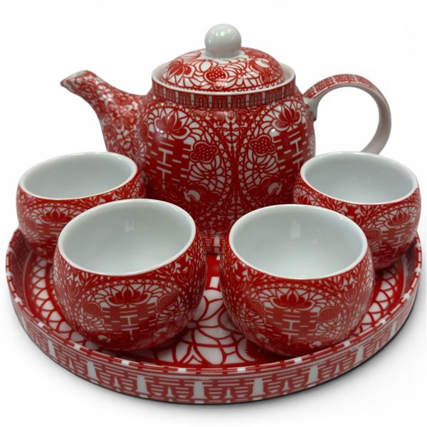 Chinese Red & White Porcelain Ceremonial Tea Set with Tray