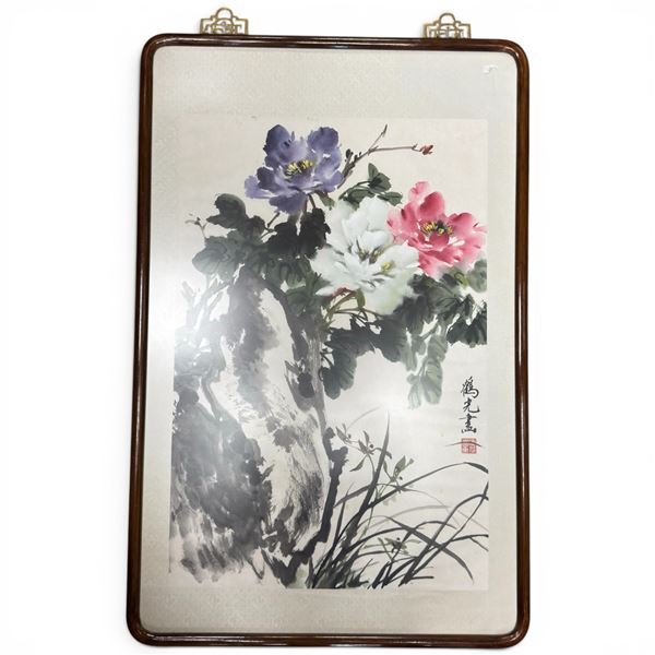 Traditional Chinese Watercolour & Ink Peony Painting - Frame is 22" x 24"