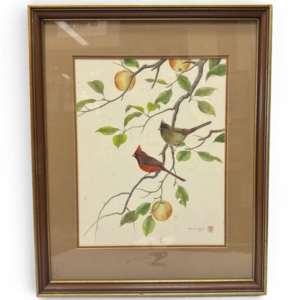 Lovely Framed Print of Birds - Mitsugi Kikuchi -1983 - Double matted in a 17" x 21" frame