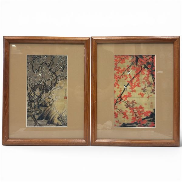 2 Ito Jakuchu Framed Art Prints "Small Birds on Maple and Birds on Plum" - Both are matted in 12.5" 