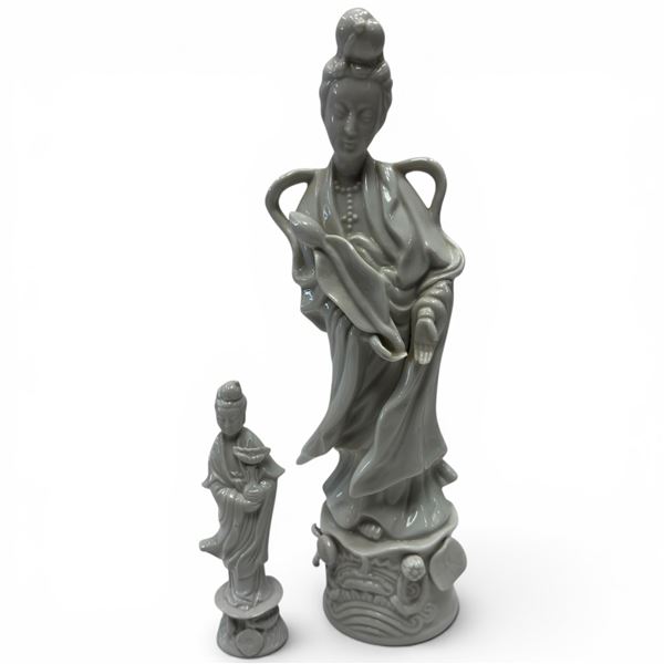 2 Vintage Blanc de Chine Style Statues of Guanyin, the Goddess of Mercy - Larger is 12" tall x 3" di