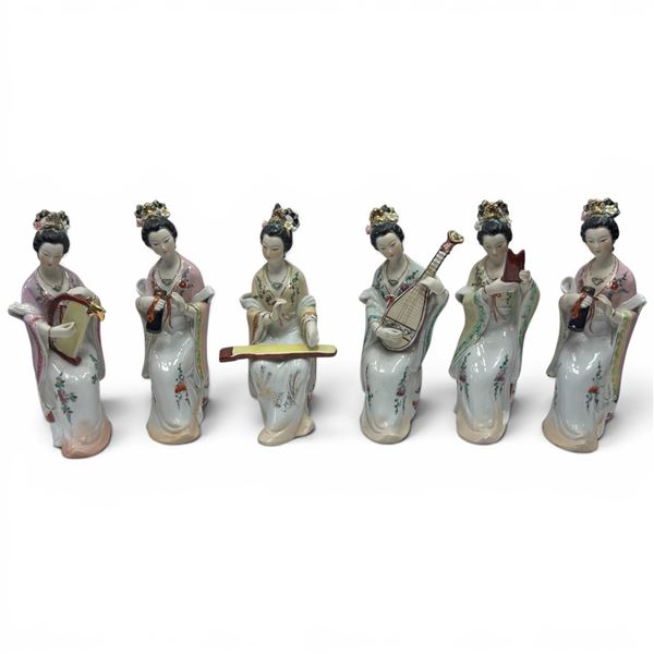 Group of 6 Chinese Porcelain  Female Court Musicians in Traditional Attire - Average height of 10"