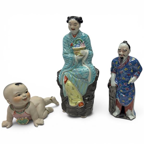 Chinese Bisque Crawling Baby & 2 Porcelain Statuettes - Tallest figurine is 12" tall