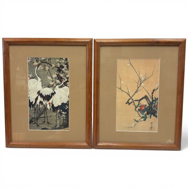 2 Framed Japanese Art Prints "Plum Blossoms and Cranes" by Ito Jakuchu & "Plum Branch" by Hoichi Sak