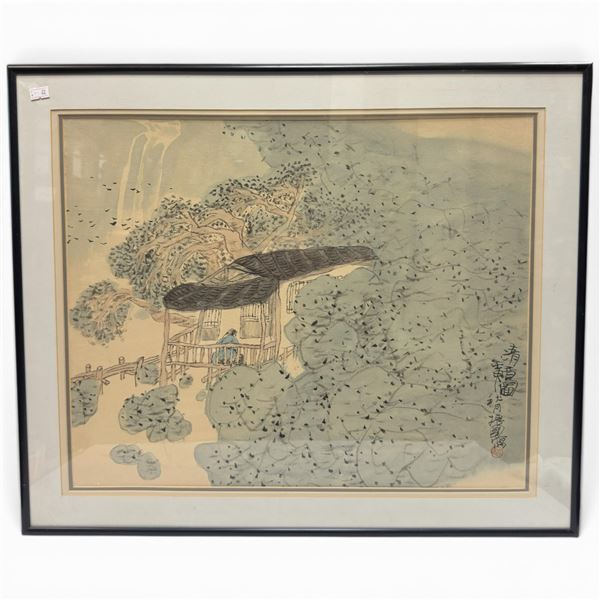 Framed Chinese Cursive Grass & Pagoda Print - Double Matted in a  21" x 25" frame